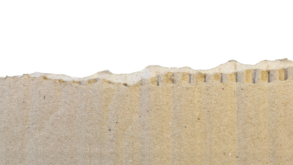 close-up shot of a piece of brown corrugated cardboard that has been ripped or torn horizontally below. Above half plain white background