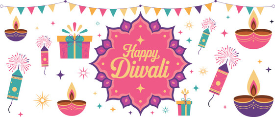 Colorful happy Diwali celebration background with decorative oil lamps, fireworks, crackers, gifts, festive bunting flags, sparkles, traditional Indian festival design