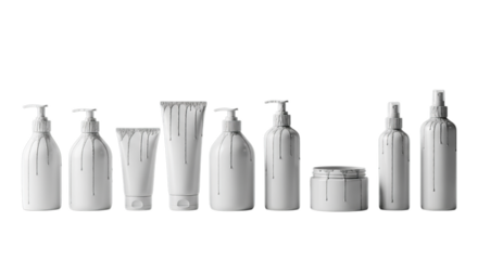 Elegant collection of white cosmetic bottles, tubes, and a jar with artistic silver liquid drips on white surface.