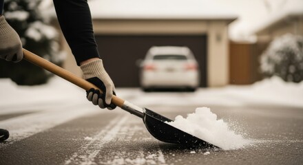 Man shoveling snow from driveway in winter outside home  