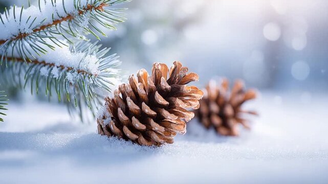 Winter's Embrace: A serene close-up captures the enchanting scene of pinecones nestled in fresh snow, subtly adorned with a frosty sheen, evoking the crisp air and tranquil essence of a winter's day.