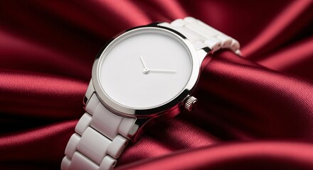 Elegant wristwatch with white face and silver band on red satin background