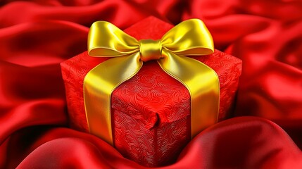 Traditional gift box with gold bow set on luxurious red fabric featuring subtle embossed pattern