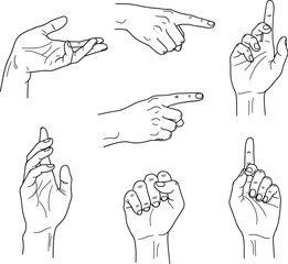 Six Black Line Drawings of Human Hands Making Various Gestures sign language communication