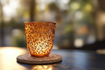Ornate glass cup with leaf pattern on a coaster.