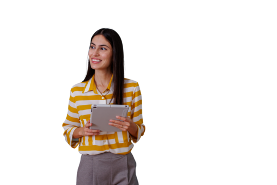 Professional woman holding a tablet and smiling, looking away with a thoughtful expression, transparent background - Powered by Adobe
