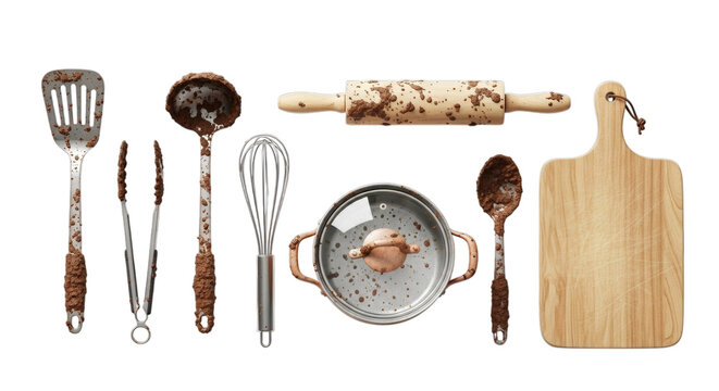 Baking and cooking utensils covered in rich chocolate batter, including rolling pin, spatula, pot, and whisk