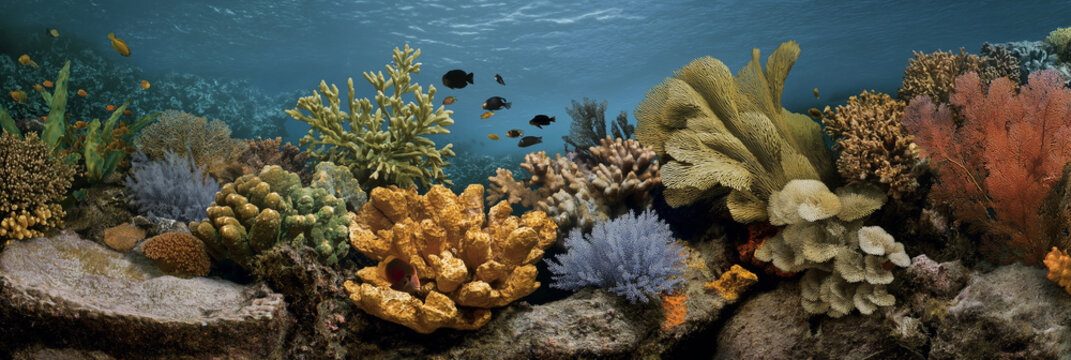 A colorful underwater coral reef teeming with life, showcasing various species of corals and vibrant fish swimming amidst the diverse marine ecosystem. - Powered by Adobe