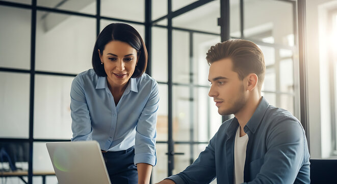 Business colleagues collaborating on a laptop in a modern office space discussing project strategy and reviewing data for improved performance and growth together