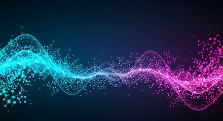 Molecule wave with purple and blue atoms flows in a digital field