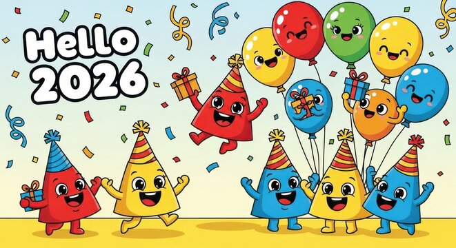 Happy cartoon characters celebrating new year 2026 with balloons and gifts, a festive illustration for the upcoming year