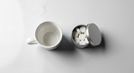 White cup next to medicine container with tablets, minimalistic style, clean background