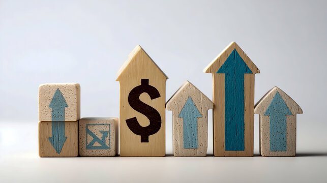 Wooden blocks with an arrow pointing up and a dollar sign on a white background, representing a real estate concept.