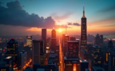 Fototapeta premium Golden hour sky with city rooftop view blur background with cityscape business corporate office building landscape blurry twilight night lights skyline nightlife bokeh for evening party. High quality