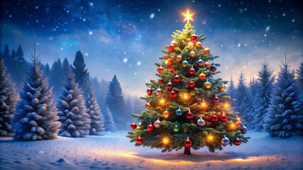 Beautifully decorated christmas tree stands in a snowy winter wonderland scene