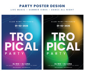 Vibrant tropical party poster design with neon lights and bold typography