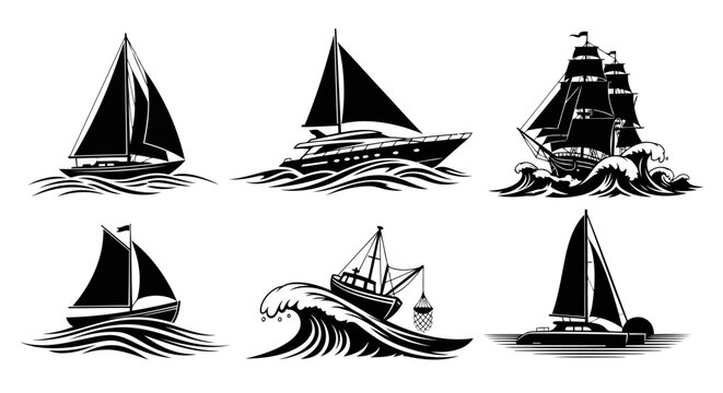 Sailboat Vessel Black and White Vector Set Yacht Boat Cruise Ship Wave Sea Ocean Nautical Maritime Sailing Regatta Adventure Voyage Water Travel