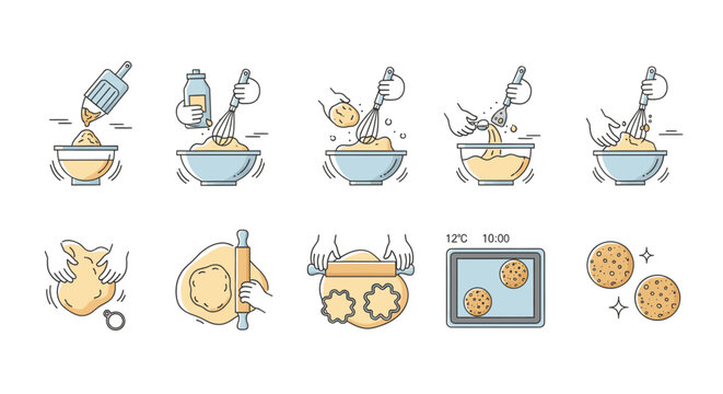 Collection of icons illustrating the process of making cookies, from mixing ingredients to baking and final product