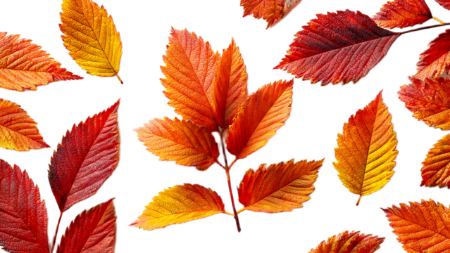 Autumn leaves in various shades of red orange and yellow scattered on a black background design