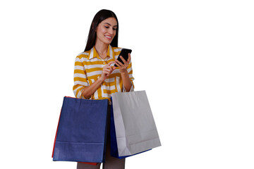 Woman on shopping trip using smartphone, holding bags, enjoying mobile commerce and online retail payment, transparent background