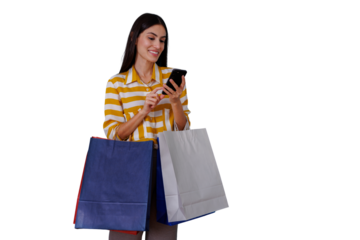 Woman on shopping trip using smartphone, holding bags, enjoying mobile commerce and online retail payment, transparent background