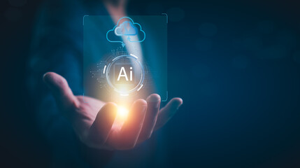 Businessman hand touching cloud AI technology on global. AI learning and business artificial intelligence, data management on network. Document file management, cyber security, digital transformation.
