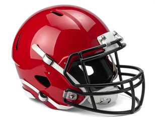 Fototapeta premium A close-up view of a vibrant red football helmet, complete with a black face mask, white straps, and a clean white background