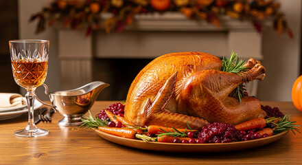Golden roasted turkey with cranberry sauce and carrots on wooden platter, Thanksgiving dinner centerpiece, symbolizing holiday feast and abundance