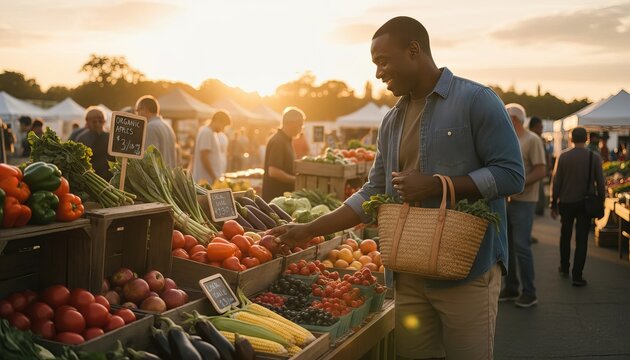 Black man shopping for fresh produce at an outdoor farmers market during golden sunset, surrounded by colorful fruits, vegetables, and wooden stalls