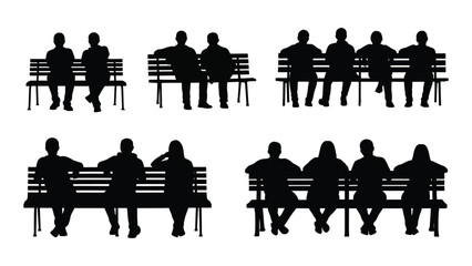 Silhouettes of people sitting on benches isolated on white background, Vector