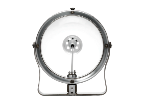 A circular silver-framed stage light with a clear lens and interior components, set against a stark black background