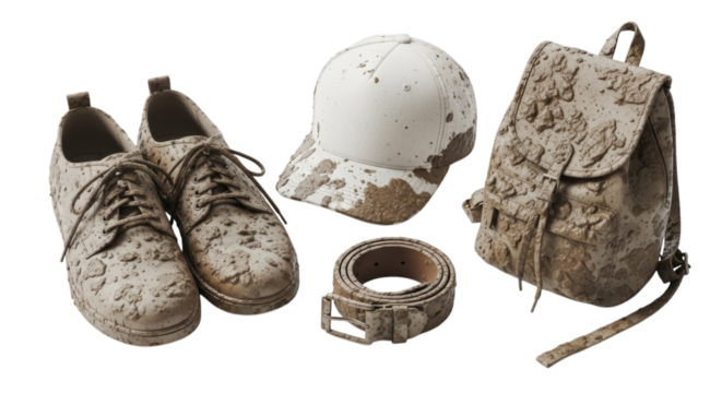 Outdoor adventure essentials: muddy shoes, cap, backpack, and belt, symbolizing challenging journeys and resilience