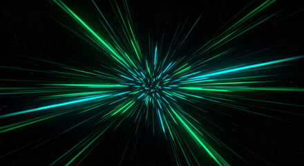 Fototapeta premium Dynamic green laser streaks radiate from a central point, creating a sense of speed and futuristic technology, perfect for vibrant backgrounds and designs.