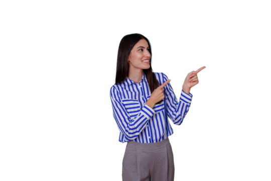 Smiling businesswoman pointing fingers, presenting marketing advertisement, showing information or products, transparent background