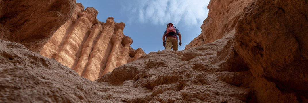 A hiker makes their ascent through a dramatically eroded landscape, highlighting the rugged beauty of nature and the human spirit of exploration and adventure in challenging terrains.
