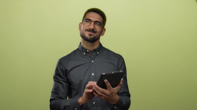 Young man using tablet over green background, wearing glasses, looking focused while holding device with both hands, presenting concept of technology and connectivity.