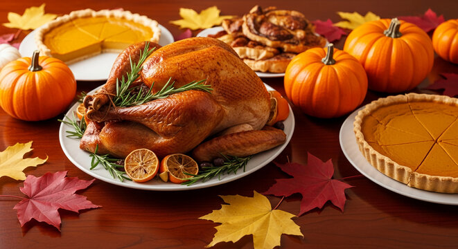 Roasted turkey on plate with pies, pumpkins and autumn leaves on wooden table, concept of Thanksgiving, celebration, feast, family gathering, harvest