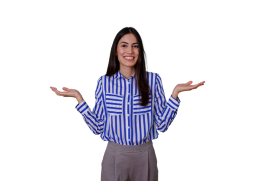 Young woman shrugging with open hands presenting choices and smiling on transparent background