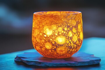 Intricate, amber-hued candleholder with captivating bubbles.