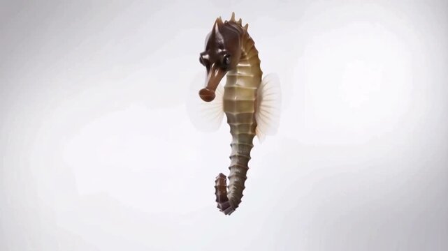 A realistic video of a seahorse swimming slowly in place, isolated on a clean white background. The seahorse&rsquo;s curled tail, detailed skin texture, and gentle fin movements.