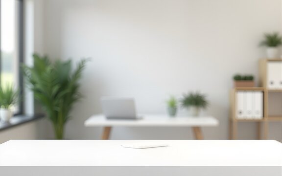 white desk on blurry office background,mock up,3d rendering. High quality