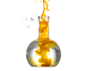 A clear flask with water and a swirling orange-yellow liquid being poured in, against a black backdrop, creating dynamic tendrils