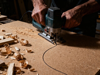 Extreme close up of rugged male hands guiding jigsaw along curved line on plywood sheet with splinters and intricate wood shavings visible with moving blade creating precise cut in dark moody workshop