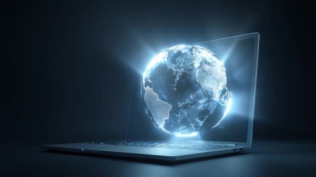 Digital Globe: A futuristic laptop with a glowing globe projecting outward, symbolizing global connection, technology and innovation, set against a dark backdrop.