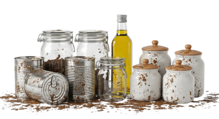 Assortment of dirty and dusty old food storage containers, glass jars, tin cans, and ceramic jars with oil bottle, isolated.