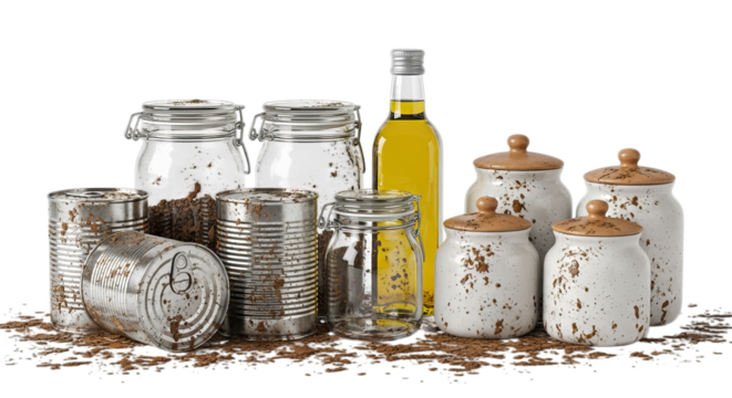 Assortment of dirty and dusty old food storage containers, glass jars, tin cans, and ceramic jars with oil bottle, isolated.