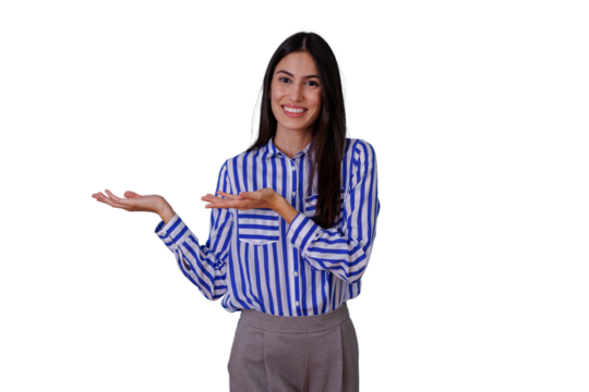 Young businesswoman smiling, presenting something with open hands, showing copy space, isolated on a transparent background