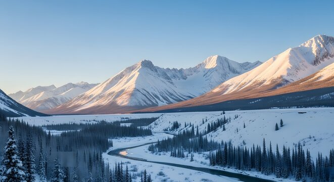 Snowy mountain landscape with winding road and evergreen trees under clear sky.
