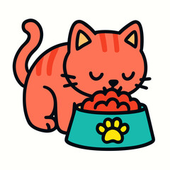 Adorable cartoon cat lovingly eating from a bowl, expressing contentment and joy, perfect for pet product ads or children's content with playful charm