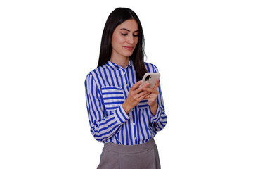 Young businesswoman using smartphone for social media or messaging, smiling while standing, transparent background